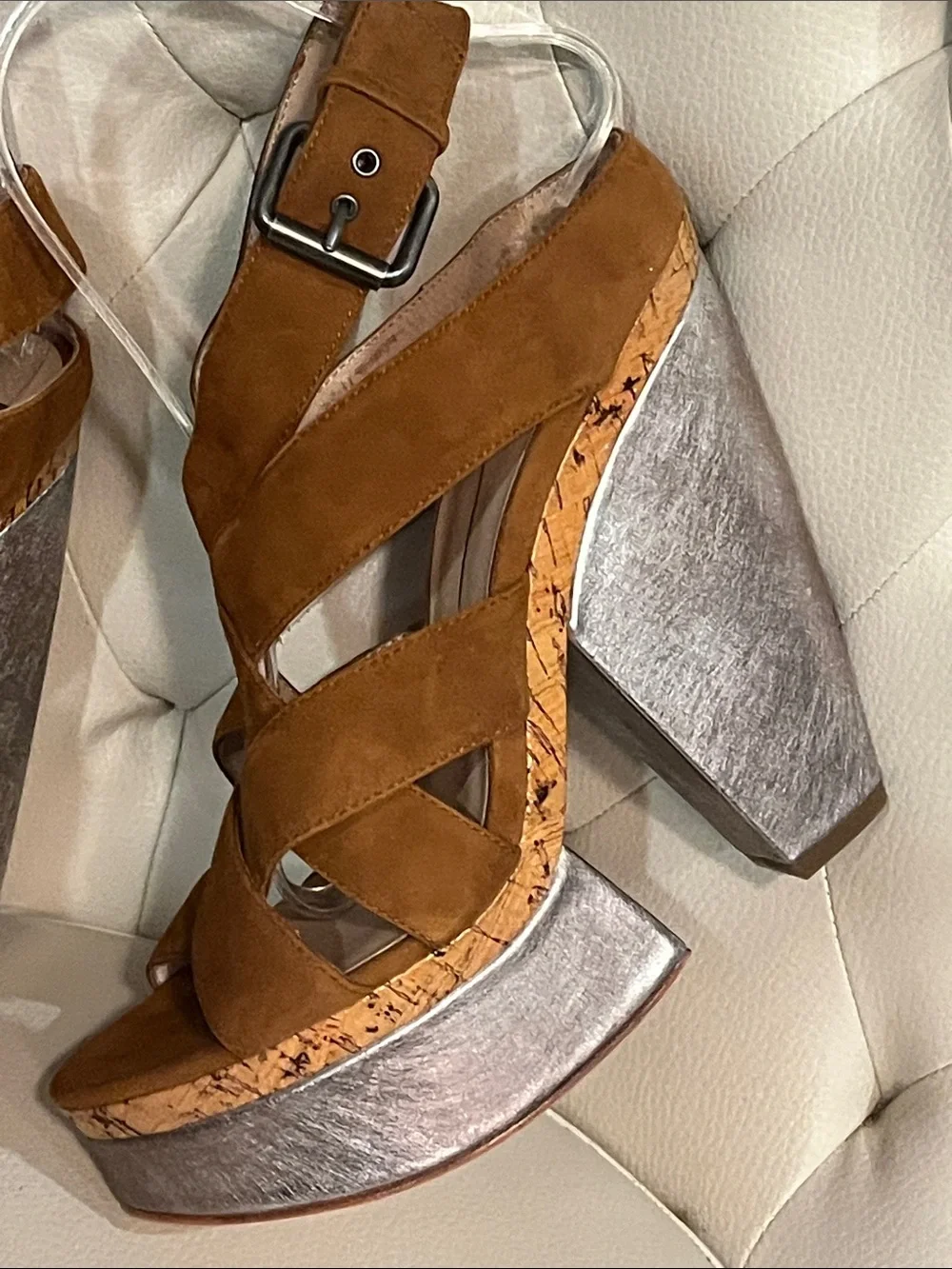 Dolce Vita Brown Suede Platform Sandals with Metallic Block Heel